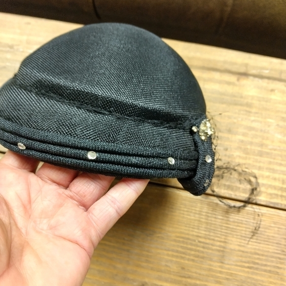 Women's Vintage Black Pill Box Hat with Sparkly Rhinstones - Picture 6 of 9
